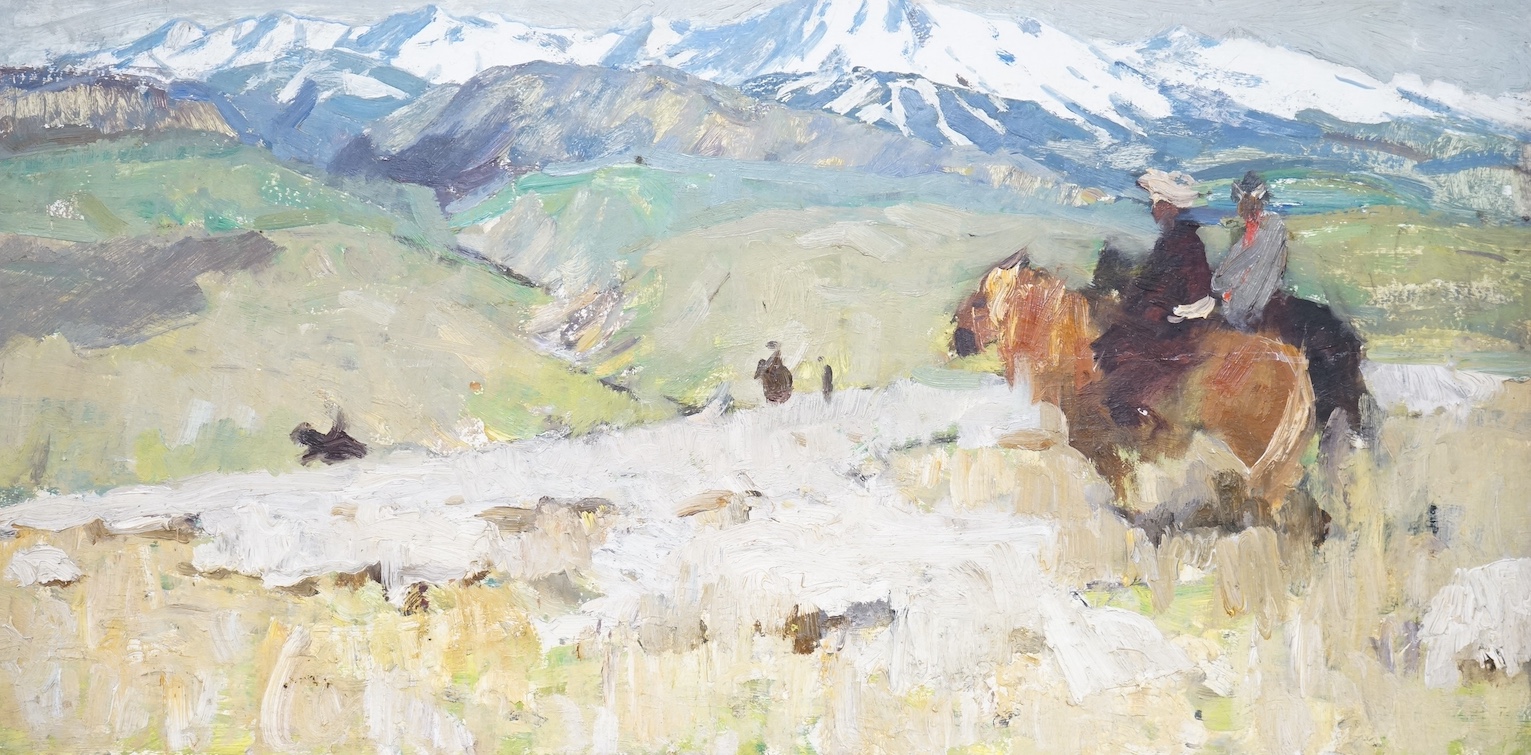 Russian School, impasto oil on board, Mountainous landscape with figures on horseback, unframed, inscribed verso, 36 x 69cm. Condition - fair